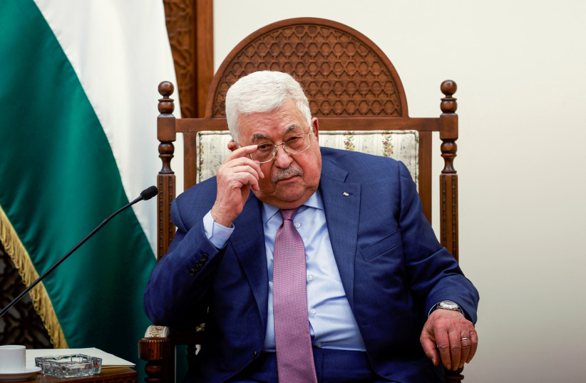 Palestinian President Mahmoud Abbas looks on during a meeting with U.S. Secretary of State Antony Blinken (not pictured) in Ramallah, in the Israeli-occupied West Bank March 27, 2022.