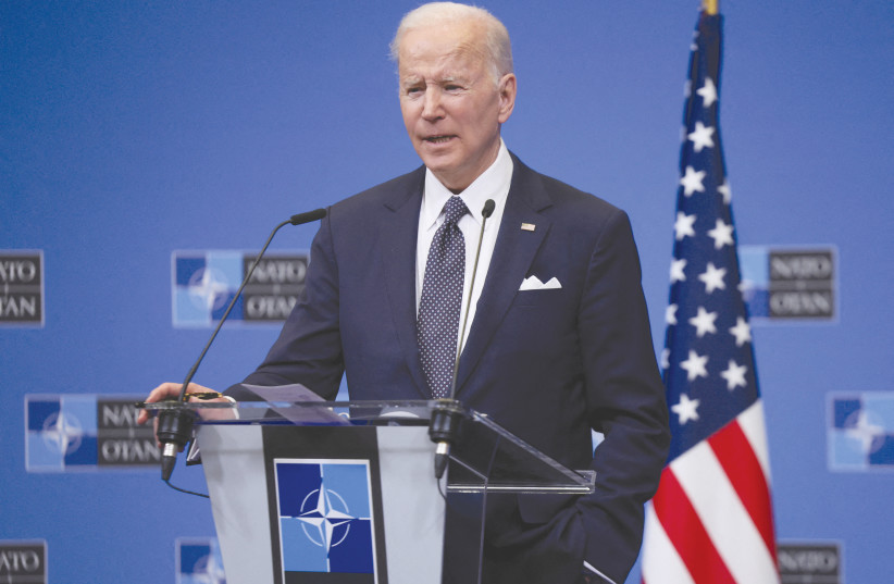  US PRESIDENT Joe Biden speaks during a news conference at a NATO summit last month in Brussels. Biden declared the US will inject 15 BCM of natural gas to the world market in 2022, with more to come in the future. (credit: EVELYN HOCKSTEIN/REUTERS)