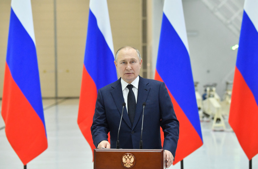 Russian President Vladimir Putin delivers a speech as he visits the Vostochny Cosmodrome in Amur Region, Russia April 12, 2022. (credit: SPUTNIK/EVGENY BIYATOV/KREMLIN VIA REUTERS)