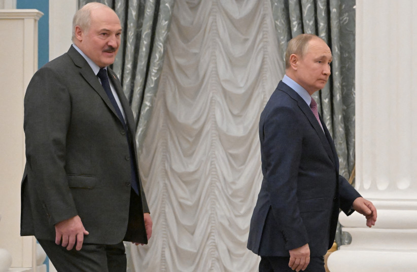  Russian President Vladimir Putin and Belarusian President Alexander Lukashenko attend a joint news conference in Moscow, Russia February 18, 2022. (credit: SPUTNIK/SERGEY GUNEEV/KREMLIN VIA REUTERS)