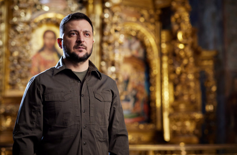  Ukraine's President Volodymyr Zelensky addresses Ukrainian people with Orthodox Easter message, as Russia's attack on Ukraine continues, at the Saint Sophia cathedral in Kyiv, Ukraine April 23, 2022. (photo credit: Ukrainian Presidential Press Service/Handout via REUTERS)