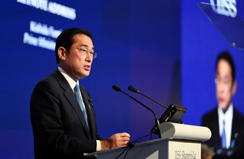  Japan's Prime Minister Fumio Kishida delivers the keynote address at the 19th Shangri-La Dialogue, in Singapore (credit: REUTERS)