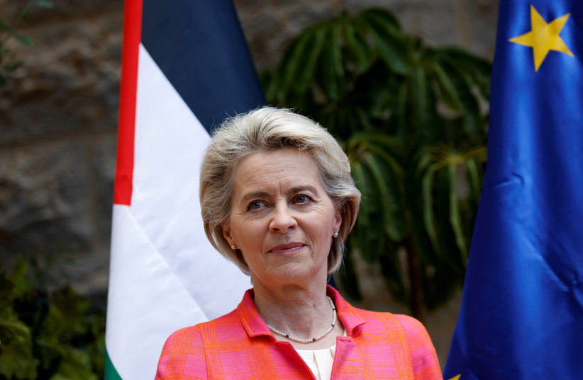  President of the European Commission Ursula von der Leyen looks on as she speaks to the media in Ramallah, in the West Bank June 14, 2022. (photo credit: REUTERS/MOHAMAD TOROKMAN)