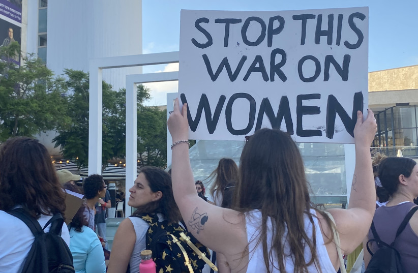  Women protest at Habima Square in Tel Aviv against the overturning of Roe v. Wade in the US, June 28, 2022.  (photo credit: Shira Silkoff)