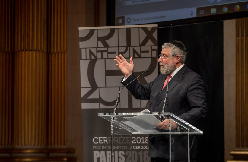  Rabbi Pinchas Goldschmidt delivers a speech in Paris, France, Oct. 10, 2018. (credit: Conference of European Rabbis/JTA)