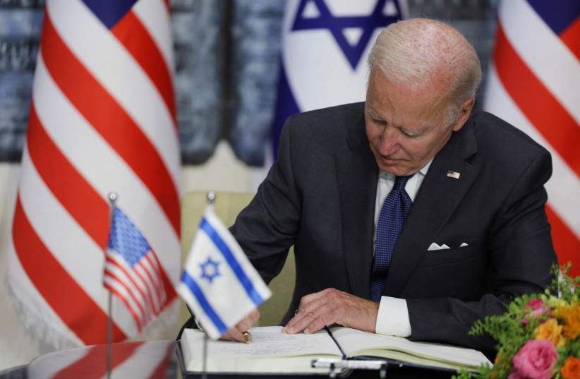  US President Joe Biden meets with Israeli President Isaac Herzog at his residence in Jerusalem, July 14, 2022 (credit: REUTERS/EVELYN HOCKSTEIN)