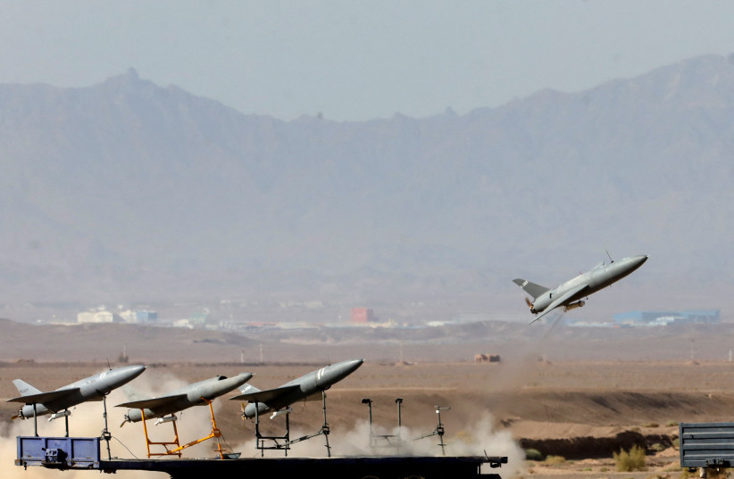 A drone is launched during a military exercise in an undisclosed location in Iran, in this handout image obtained on August 25, 2022