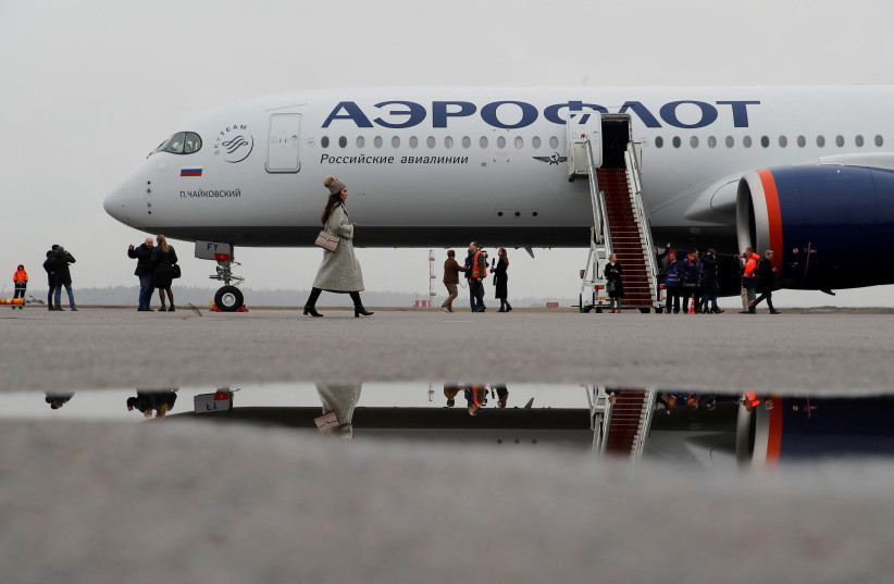  A view shows the first Airbus A350-900 aircraft of Russia's flagship airline Aeroflot during a media presentation at Sheremetyevo International Airport outside Moscow, Russia March 4, 2020. (photo credit: REUTERS/MAXIM SHEMETOV)