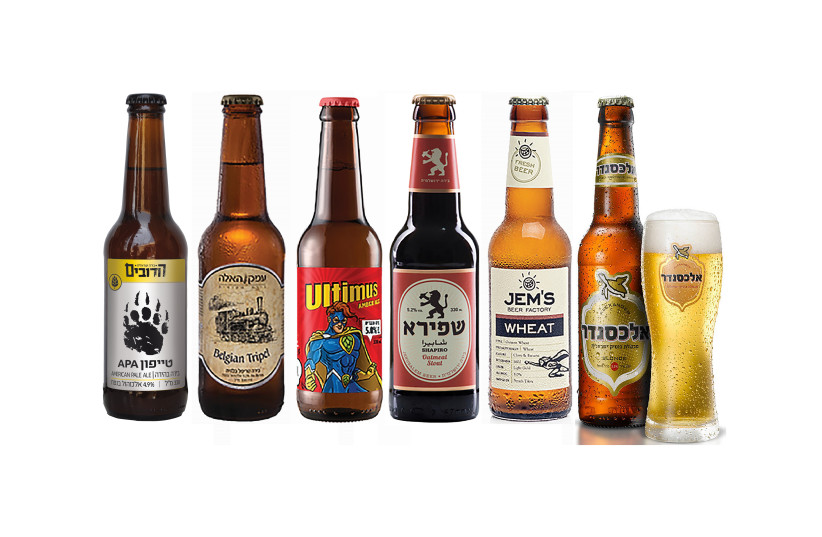  From L: TYPHOON AMERICAN Pale Ale from HaDubim, BELGIAN TRIPPEL beer from Emek Ha’ela, SMOKED BEER from the Mosco Brewery, ULTIMUS AMBER Ale, a Super Hero from the Six Pack Beers, OATMEAL STOUT from Shapiro, JEM’S WHEAT Beer and ALEXANDER BLONDE  (credit: Courtesy the breweries)