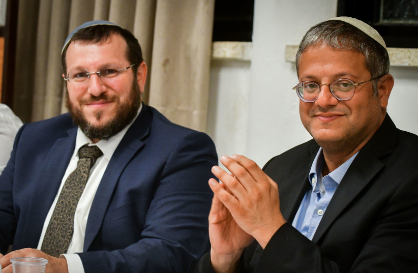  Otzma Yehudit candidate Amihai Eliyahu (left) with party leader Itamar Ben-Gvir (photo credit: AVSHALOM SASSONI/FLASH90)