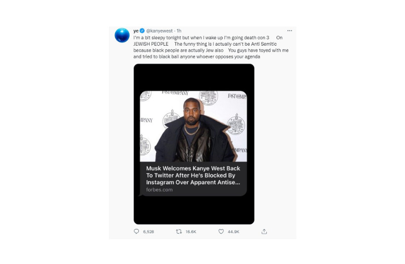 Kanye West's now-deleted tweet about a Jewish agenda. (credit: SCREENSHOT/TWITTER)