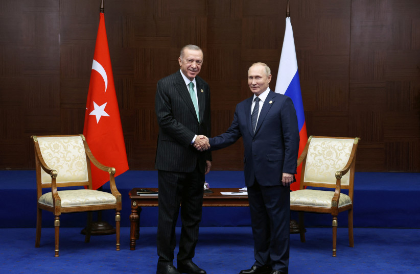  Russia's President Vladimir Putin and Turkey's President Tayyip Erdogan meet on the sidelines of the 6th summit of the Conference on Interaction and Confidence-building Measures in Asia (CICA), in Astana, Kazakhstan October 13, 2022. (credit: Sputnik/Vyacheslav Prokofyev/Pool via Reuters)