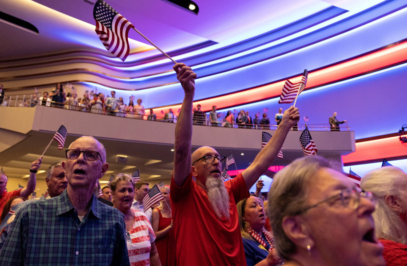  Congregants take part in an annual “Freedom Sunday” service at the First Baptist evangelical Southern Baptist megachurch in Dallas, Texas, US June 26, 2022. (credit: REUTERS/Shelby Tauber)