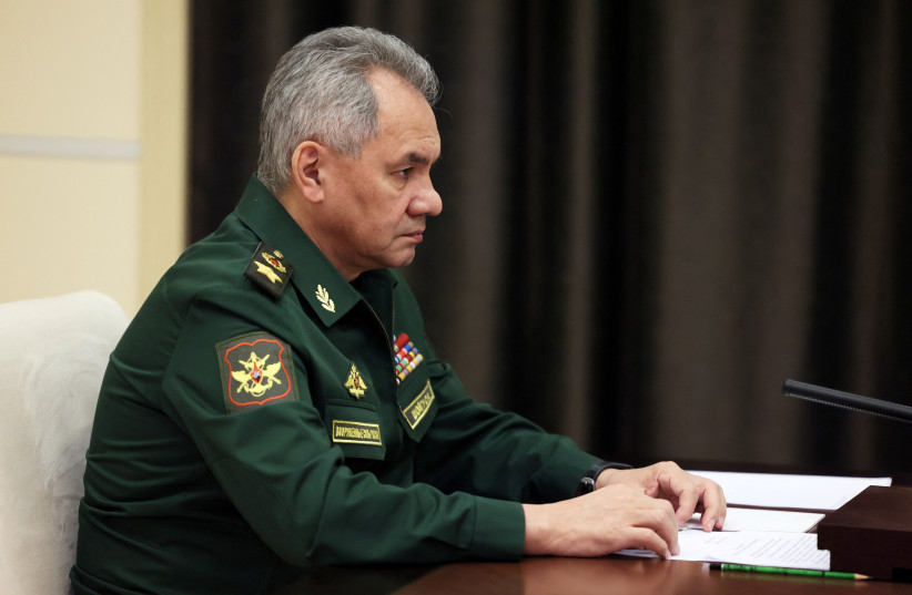 Russian Defense Minister Sergei Shoigu attends a meeting with President Vladimir Putin at the Novo-Ogaryovo state residence, outside Moscow, Russia, October 28, 2022. (credit: SPUTNIK/MIKHAIL METZEL/HANDOUT VIA REUTERS)