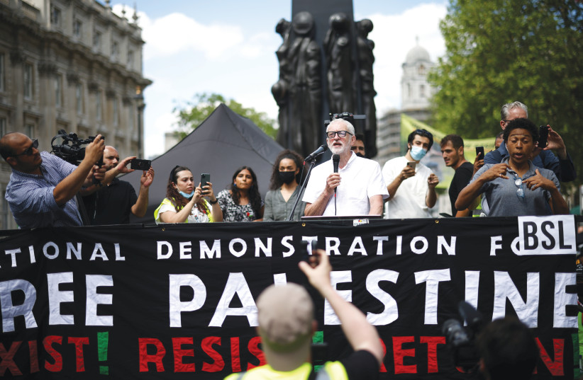  JEREMY CORBYN, the former Labour Party leader, speaks at a pro-Palestine demonstration outside Downing Street in London last year.  (credit: HENRY NICHOLLS/REUTERS)