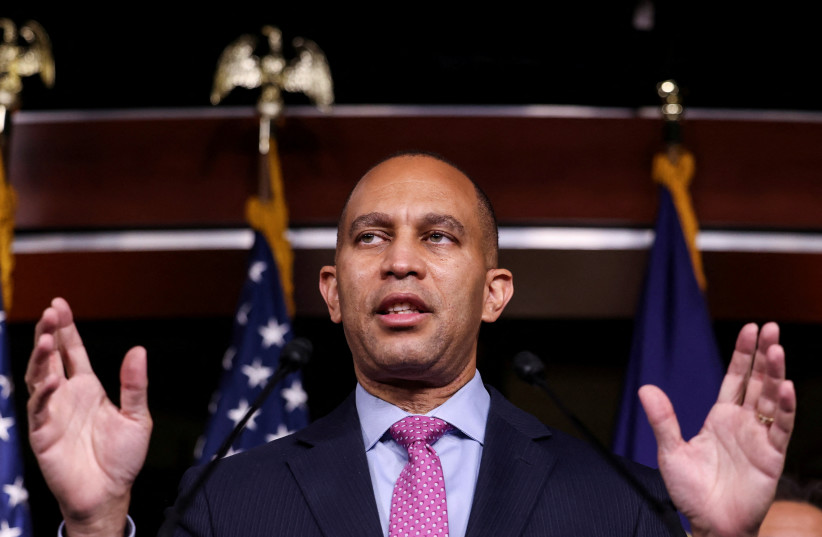  US House Democratic Caucus Chair Hakeem Jeffries (D-NY) speaks during a news conference following a House Democratic Caucus meeting at the US Capitol in Washington, November 2, 2021 (photo credit: EVELYN HOCKSTEIN/REUTERS)