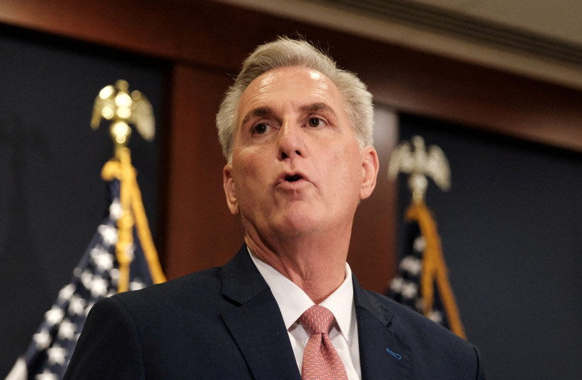 House Republican Leader Kevin McCarthy (R-CA) speaks to reporters after he was nominated by fellow Republicans to be their leader or the Speaker of the House if they take control in the next Congress, Washington, US, November 15, 2022. (credit: REUTERS/MICHAEL A. MCCOY/FILE PHOTO)