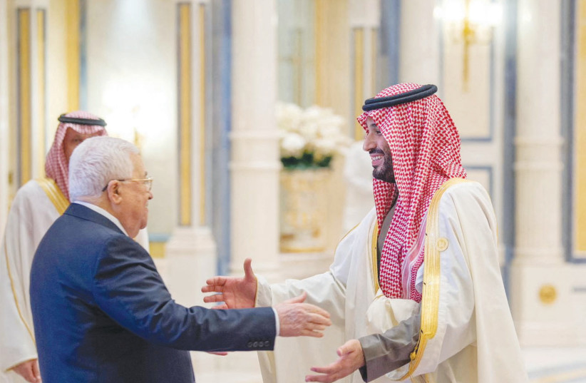  SAUDI CROWN PRINCE Mohammed Bin Salman speaks with Palestinian President Mahmoud Abbas during the China-Arab summit in Riyadh, last week. (credit: SAUDI PRESS AGENCY/REUTERS)