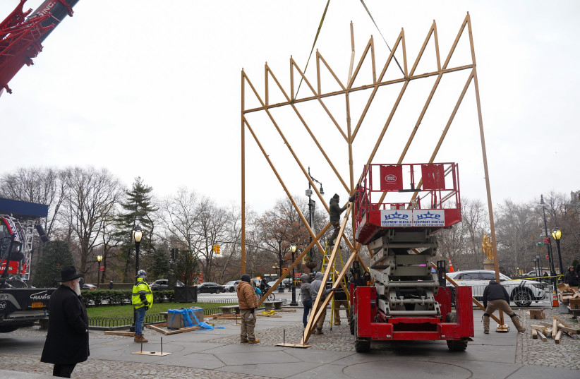  The World's Largest Menorah is set up by Chabad-Lubavitch in New York City ahead of Hanukkah, on December 15, 2022. (credit: CHABAD)