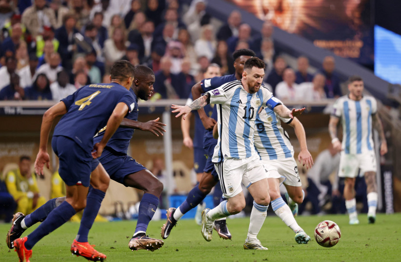 Argentina forward Lionel Messi (10) dribbles the ball against France during the first half of the 2022 World Cup final at Lusail Stadium, Lusail, Qatar, Dec 18, 2022