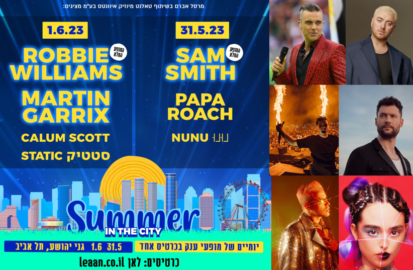  The Summer in the City festival will take place over two days from May 31-June 1, 2023, in Tel Aviv's Hayarkon Park. The lineup will feature Robbie Williams, Sam Smith, Martin Garrix, Callum Scott and more. (credit: LOUIS VAN BAAR, ROTEM LAVEL, SUMMER IN THE CITY, Wikimedia Commons)