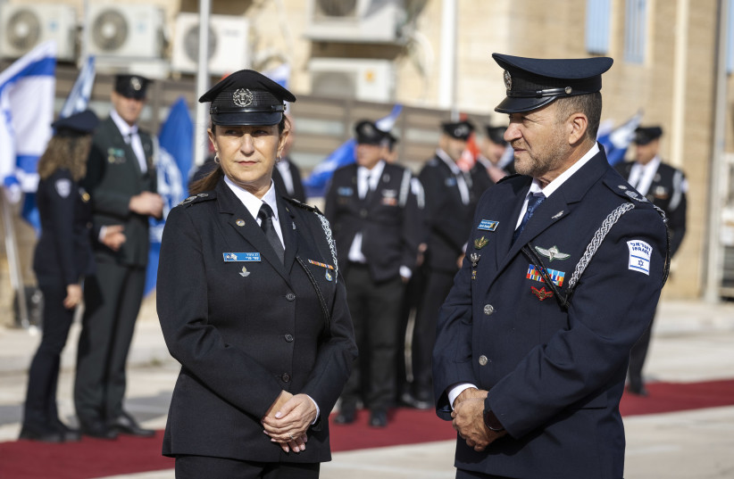 Major-General Katy Perry, head of the Israel Prison Service and Chief of Police Kobi Shabtai at a replacing ceremony of outgoing minister Omer Bar lev and incoming Minister of National Security Itamar Ben-Gvir, in Jerusalem on January 01, 2023.  (credit: OLIVIER FITOUSSI/FLASH90)
