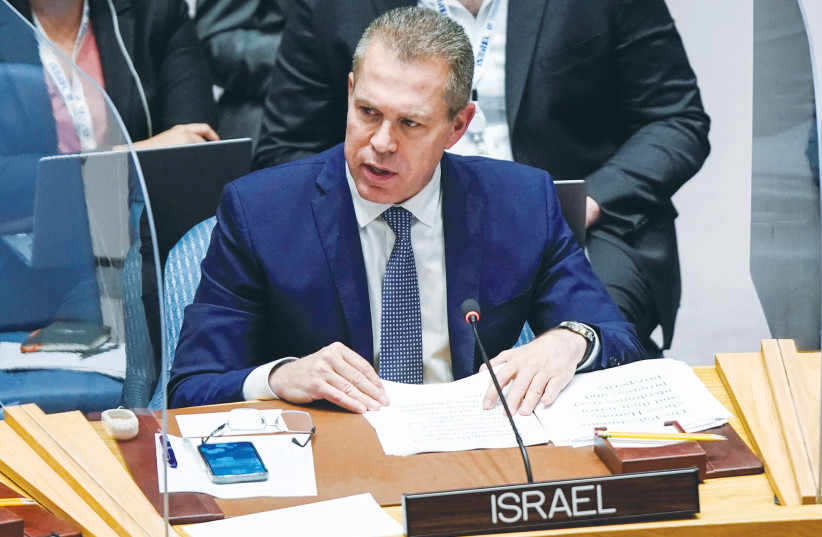  ISRAEL’S AMBASSADOR to the UN Gilad Erdan speaks at a Security Council meeting on the situation in the Middle East in August. Last week, the UN General Assembly referred the West Bank issue to the World Court. (photo credit: Eduardo Munoz/Reuters)