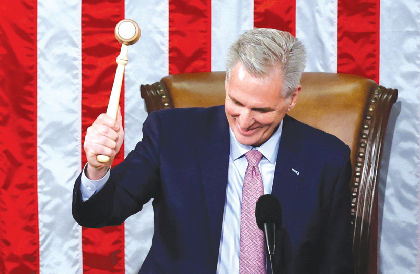  US HOUSE Speaker Kevin McCarthy bangs the gavel for the first time, last Saturday. Will he invite Prime Minister Benjamin Netanyahu to address Congress?  (photo credit: EVELYN HOCKSTEIN/REUTERS)