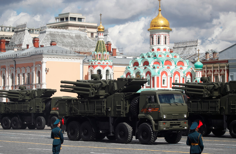  Russian Pantsir-S anti-aircraft missile and gun systems drive during a rehearsal for the Victory Day parade, which marks the anniversary of the victory over Nazi Germany in World War Two, in Red Square in central Moscow, Russia May 7, 2021. (credit: MAXIM SHEMETOV/REUTERS)