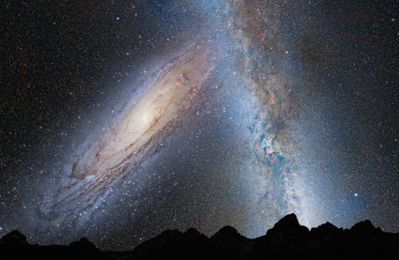  This illustration shows a stage in the predicted merger between our Milky Way galaxy and the neighboring Andromeda galaxy, as it will unfold over the next several billion years. In this image, representing Earth's night sky in 3.75 billion years, Andromeda (left) fills the field of view (photo credit: NASA; ESA; Z. Levay and R. van der Marel, STScI; T. Hallas; and A. Mellinger)