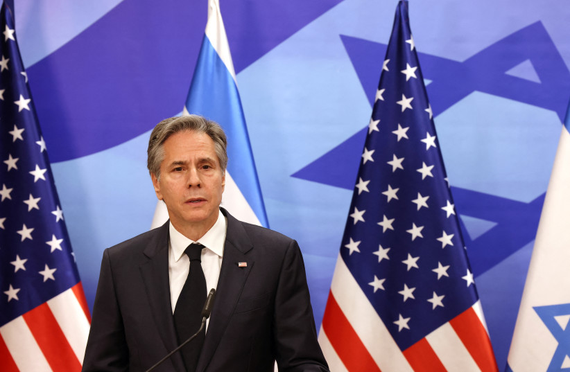 US Secretary of State Antony Blinken gives a press conference in Israel, on January 30, 2023 (photo credit: RONALDO SCHEMIDT/POOL VIA REUTERS)
