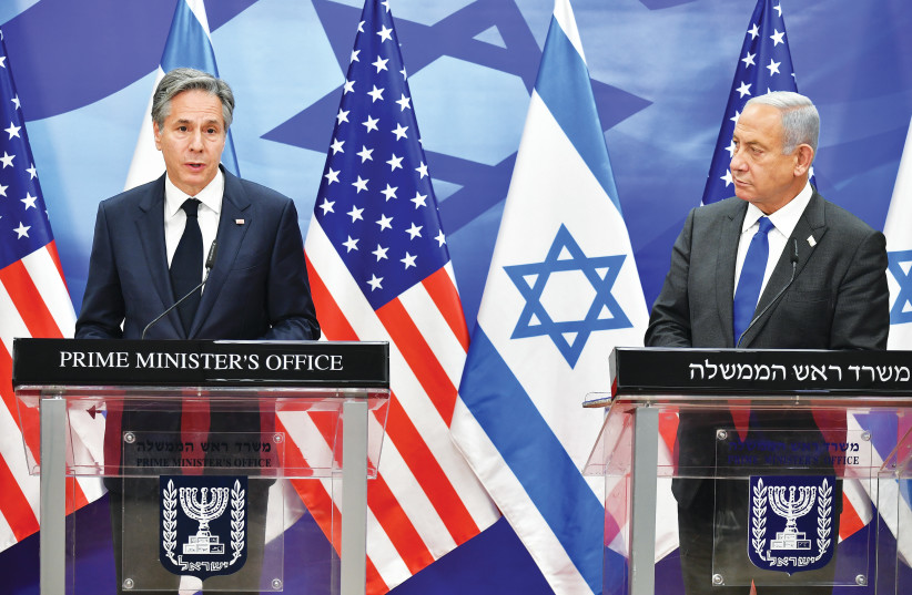  US SECRETARY of State Antony Blinken addresses the media, as Prime Minister Benjamin Netanyahu looks on, at the Prime Minister’s Office in Jerusalem.   (photo credit: YOAV ARI DUDKEVITCH/FLASH90)