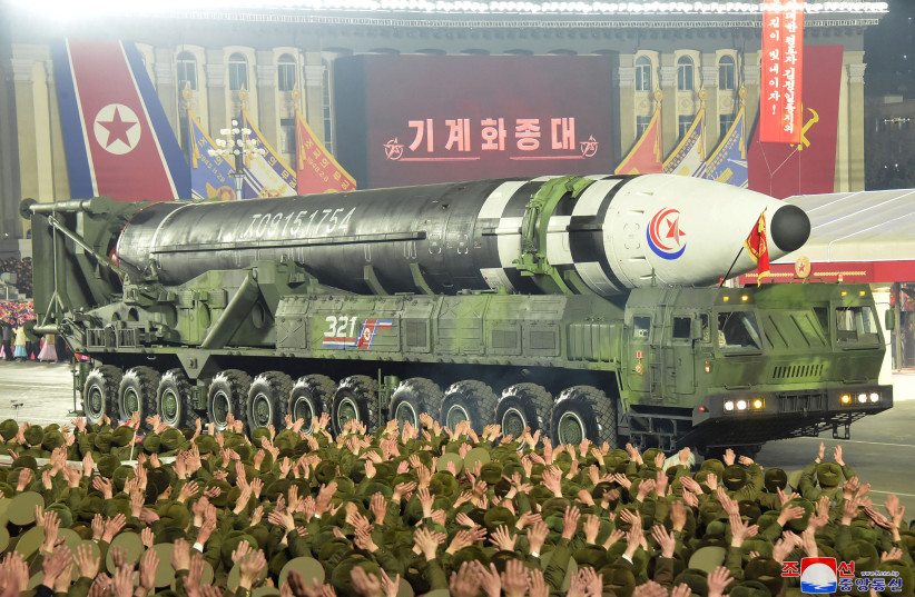 A missile is displayed during a military parade to mark the 75th founding anniversary of North Korea's army, at Kim Il Sung Square in Pyongyang, North Korea February 8, 2023, in this photo released by North Korea's Korean Central News Agency (KCNA). (credit: KCNA/REUTERS)