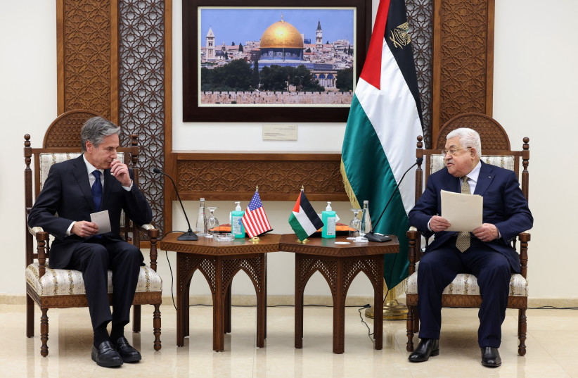 US Secretary of State Antony Blinken meets with Palestinian leader Mahmoud Abbas in Ramallah in the West Bank, January 31, 2023. (credit: RONALDO SCHEMIDT/POOL VIA REUTERS)