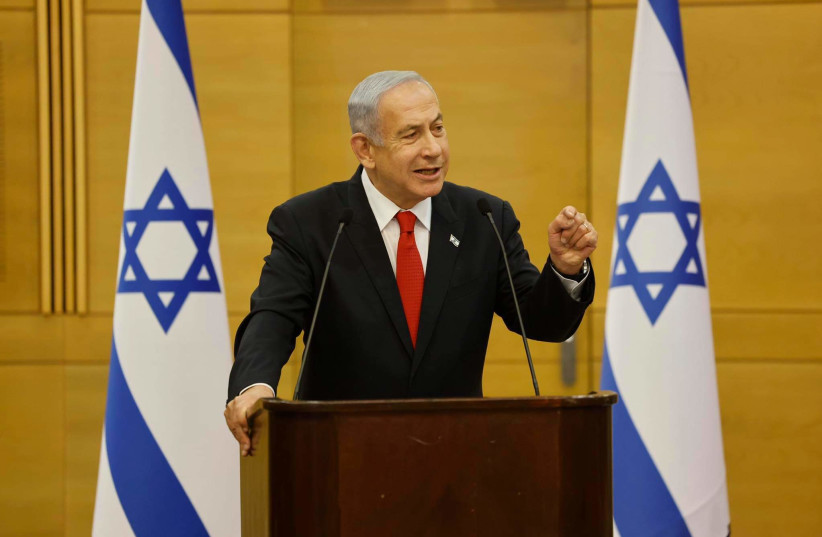  Israeli Prime Minister Benjamin Netanyahu is seen gesturing at a Likud faction meeting in the Knesset, in Jerusalem, on February 20, 2023. (credit: MARC ISRAEL SELLEM/THE JERUSALEM POST)