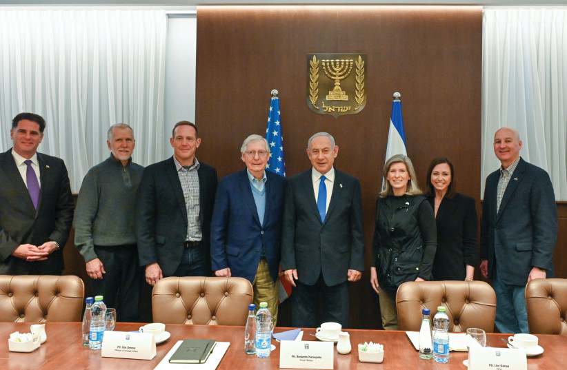  PRIME MINISTER Benjamin Netanyahu meets yesterday with US Senate Minority Leader Mitch McConnell (fourth from left) at the Prime Minister’s Office in Jerusalem, along with a Republican delegation including Sens. Katie Britt, Ted Budd, Joni Ernst, Markwayne Mullin, Pete Ricketts and Thom Tillis.  (credit: KOBI GIDON / GPO)