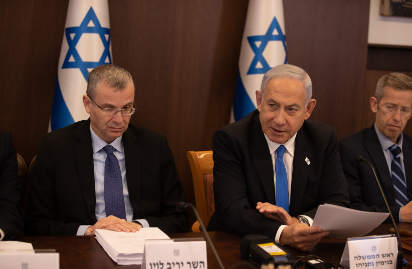  Israeli Prime Minister Benjamin Netanyahu leads a cabinet meeting on the state budget, at the Prime Minister's Office in Jerusalem on February 23, 2023. (photo credit: ALEX KOLOMOISKY/FLASH90)