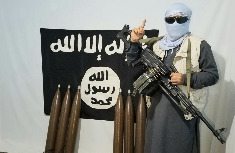  An ISIS fighter poses in front of an Islamic State flag (photo credit: Wikimedia Commons)