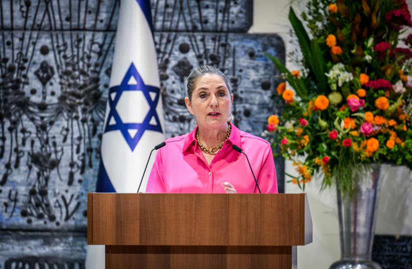  Michal Herzog speaks during a ceremony at the president's house with representatives of the diplomatic delegations to Israel in Jerusalem. September 20, 2022 (credit: Arie Leib Abrams/Flash90)