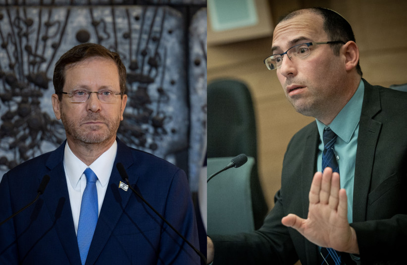  LEFT: President Isaac Herzog RIGHT: Constitution, Law and Justice Committee chair MK Simcha Rothman (photo credit: Canva, YONATAN SINDEL/FLASH90)