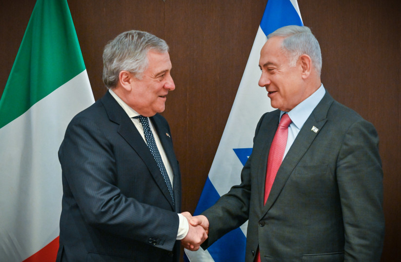 Prime Minister Benjamin Netanyahu is seen with Italian Foreign Minister Antonio Tajani in Jerusalem on March 13, 2023