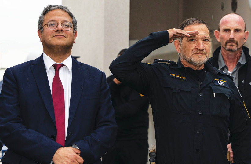  NATIONAL SECURITY MINISTER Itamar Ben-Gvir and Police Commissioner Kobi Shabtai attend the opening of a new police station in the Negev, on Tuesday. ‘It’s not about being tougher. It’s about being smarter,’ say the writers. (photo credit: FLASH90)