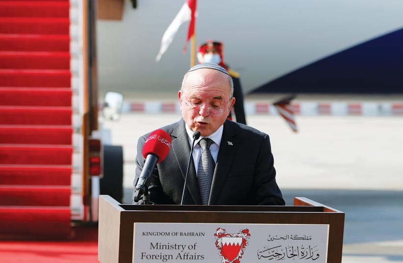 THEN-NATIONAL security adviser Meir Ben-Shabbat, heading an Israeli delegation, delivers a statement upon arrival in Bahrain, in 2020.