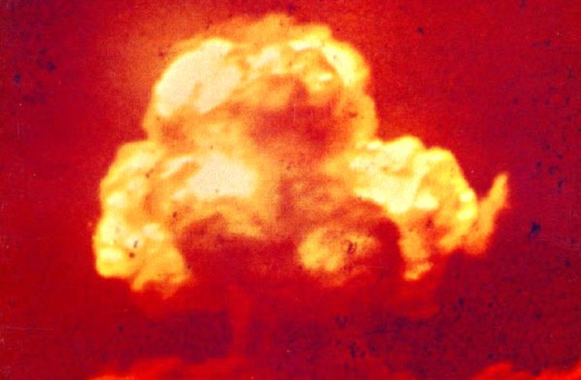 Color photograph of the Trinity nuclear test, edited for brightness (photo credit: LOS ALAMOS NATIONAL LABORATORIES/UNITED STATES DEPARTMENT OF ENERGY/PUBLIC DOMAIN)