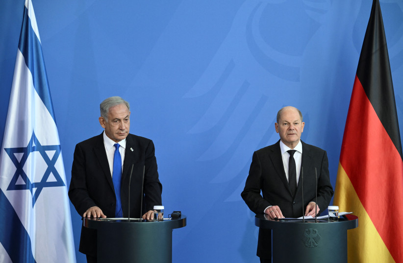  German Chancellor Olaf Scholz and Israeli Prime Minister Benjamin Netanyahu address a news conference at the Chancellery in Berlin, Germany, March 16, 2023.  (credit: REUTERS/ANNEGRET HILSE)
