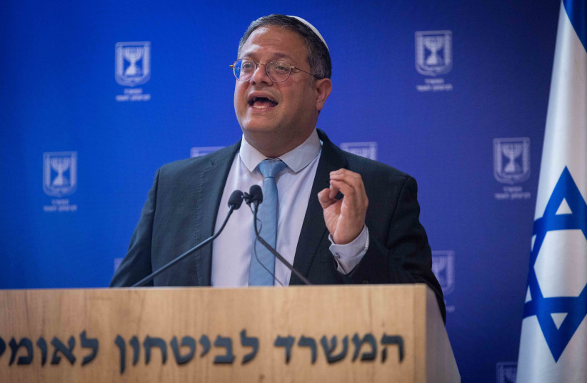  Israeli National Security Minister Itamar Ben-Gvir is seen holding a press conference, on March 20, 2023. (credit: YONATAN SINDEL/FLASH90)