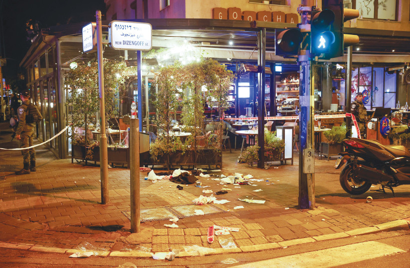  DIZENGOFF STREET in Tel Aviv after the terror attack earlier this month: ‘It’s only a matter of time until the next attack and it’s going to happen on a Thursday,’ predicted the writer’s friend. (photo credit: ERIK MARMOR/FLASH90)