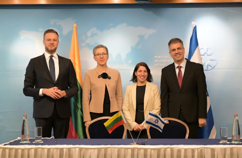  The two foreign ministers with the Israeli ambassador Hadas Wittenberg Silverstein in Lithuania and the Lithuanian ambassador Lina ANTANAVIČIENĖ in Israel  (photo credit: SHLOMI AMSALEM)