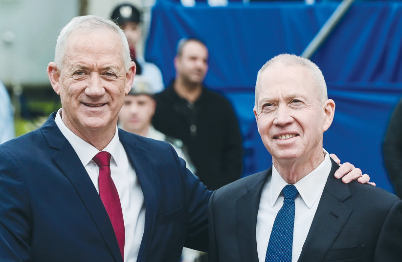  SECURITY COOPERATION with the Palestinian Authority has been kept afloat by former defense minister Benny Gantz (left) and the current minister, Yoav Gallant, says the writer.  (photo credit: AVSHALOM SASSONI/FLASH90)
