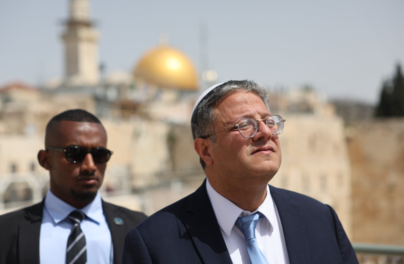 National Security Minister Itamar Ben-Gvir gives a press statement on the Friday Ramadan prayers, at the Western Wall, in Jerusalem's Old City. March 24, 2023.  (credit: YONATAN SINDEL/FLASH90)
